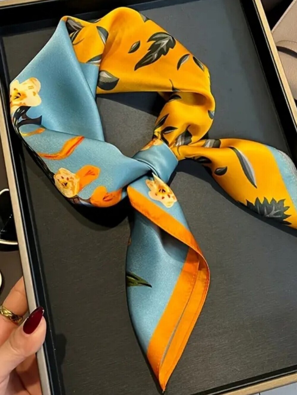 Silk-feel Floral Two-Tone Scarf Skirt - Blue & Yellow Head Scarf , Neck Scarf - Picture 4 of 5